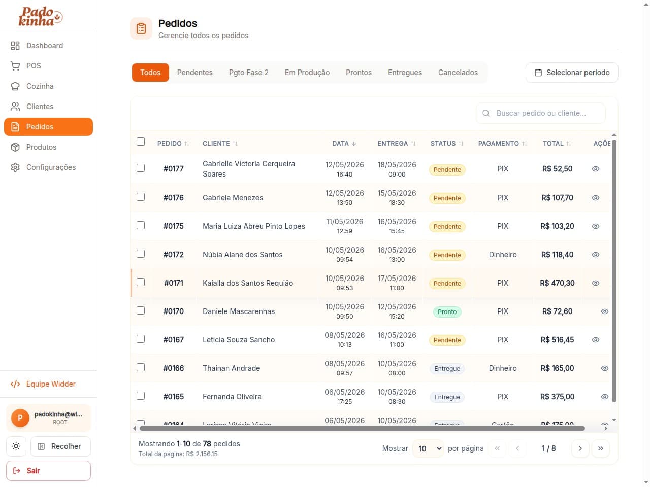 Lista de pedidos do Padokinha com status da produção